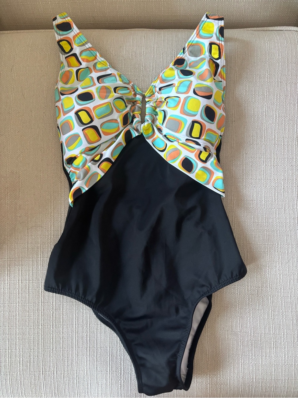 Black One-Piece Swimsuit with Colorful Geometric Print